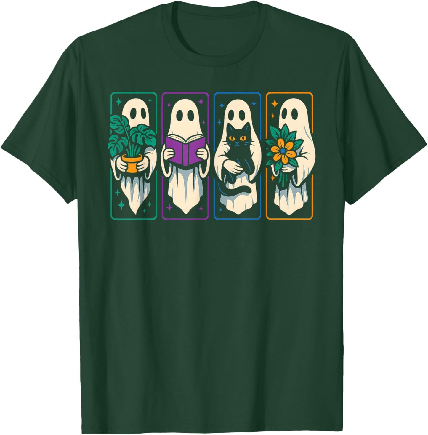 Cute Hippie Ghosts, Funny Ghost with Black Cat Books Plants T-Shirt - T-Shirt | Forest