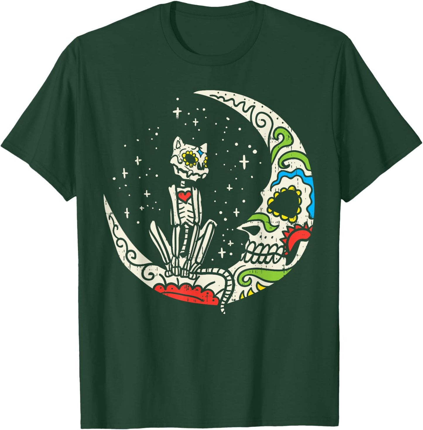 Sugar Skull Cat Moon Dia De Los Muertos Halloween Costume T-Shirt - T-Shirt | Forest
