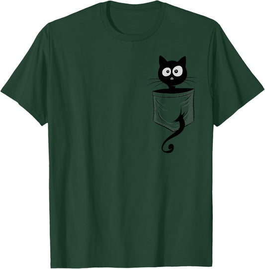 For Cat-Lover Cute Staring Black Cat Kitty In Pocket T-Shirt - T-Shirt | Forest