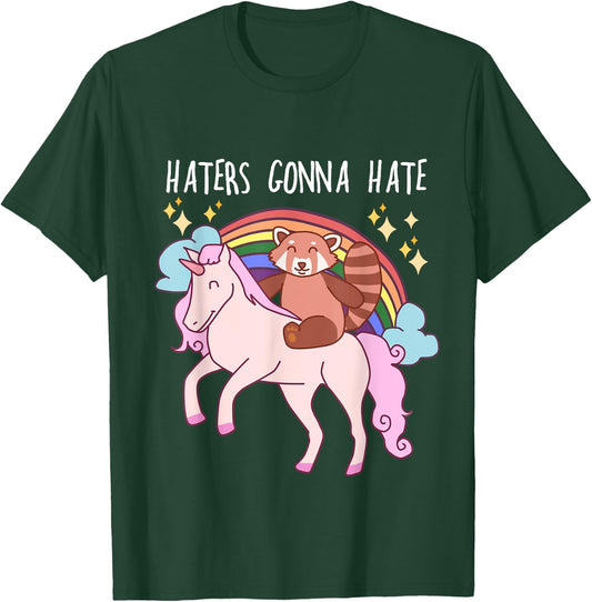 Haters Gonna Hate Funny Red Panda Riding Unicorn T-Shirt - T-Shirt | Forest