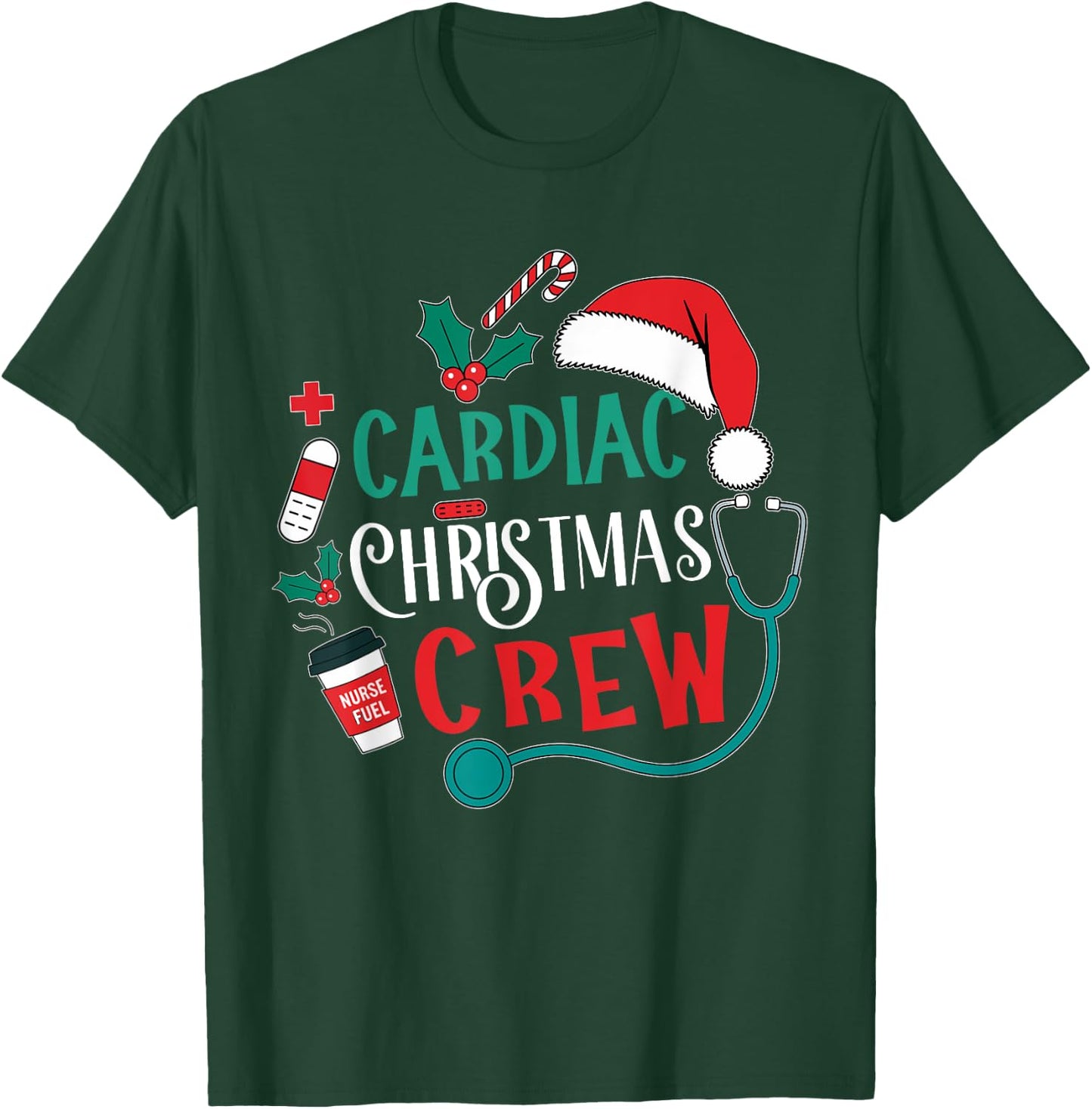 Cardiac Christmas Crew Cardiology Stethoscope Nurse Xmas T-Shirt - T-Shirt | Forest