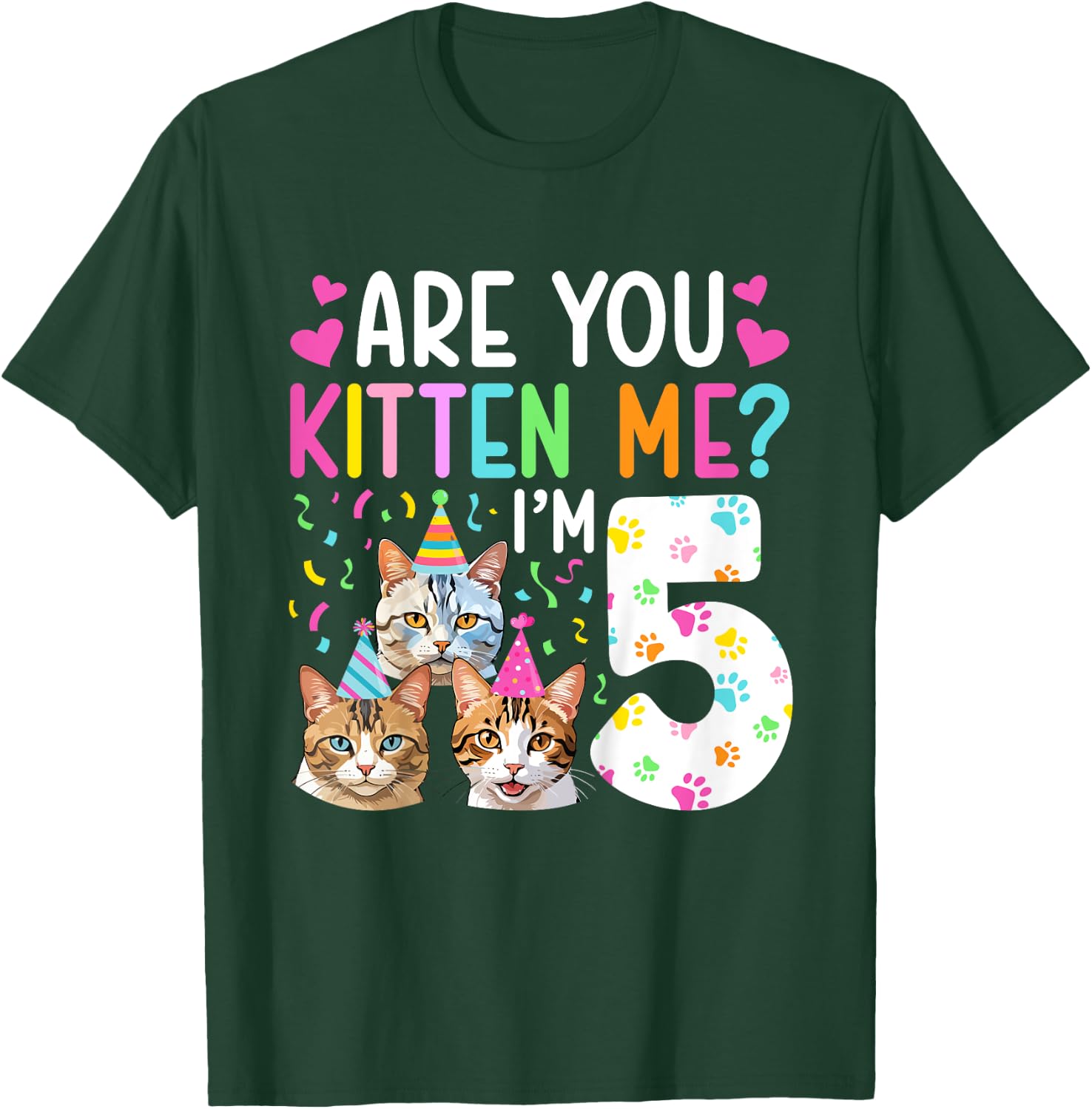5th Cat Birthday Party 5 Year Old Girl Kitten Birthday T-Shirt - T-Shirt | Forest