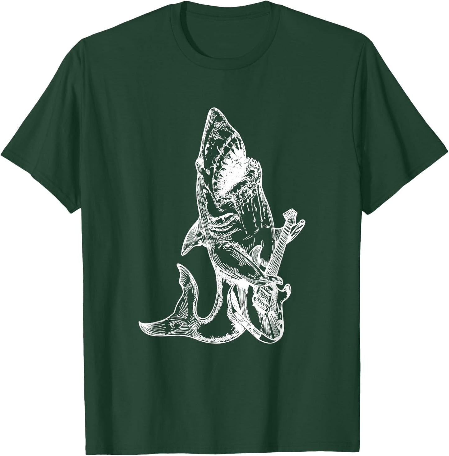 Shark Playing Guitar Funny Fish Guitarist Cool Rock Musician Men Women Kids T-Shirt - T-Shirt | Forest