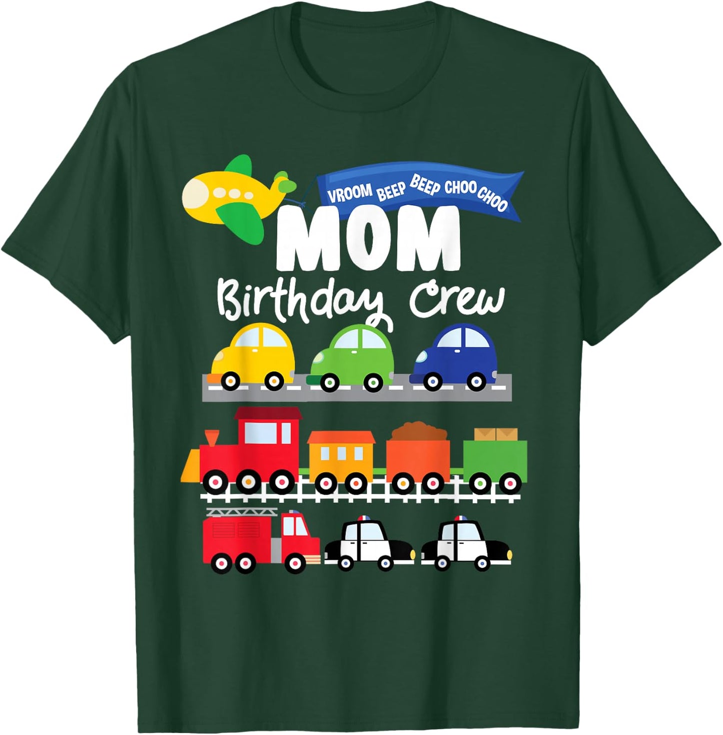 Mom Transportation Birthday Airplane Cars Fire Truck Train T-Shirt - T-Shirt | Forest
