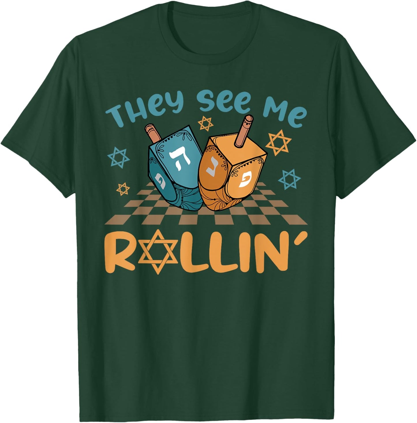 Groovy They See Me Rollin' Hanukkah 2024 Dreidel Game Jewish T-Shirt - T-Shirt | Forest