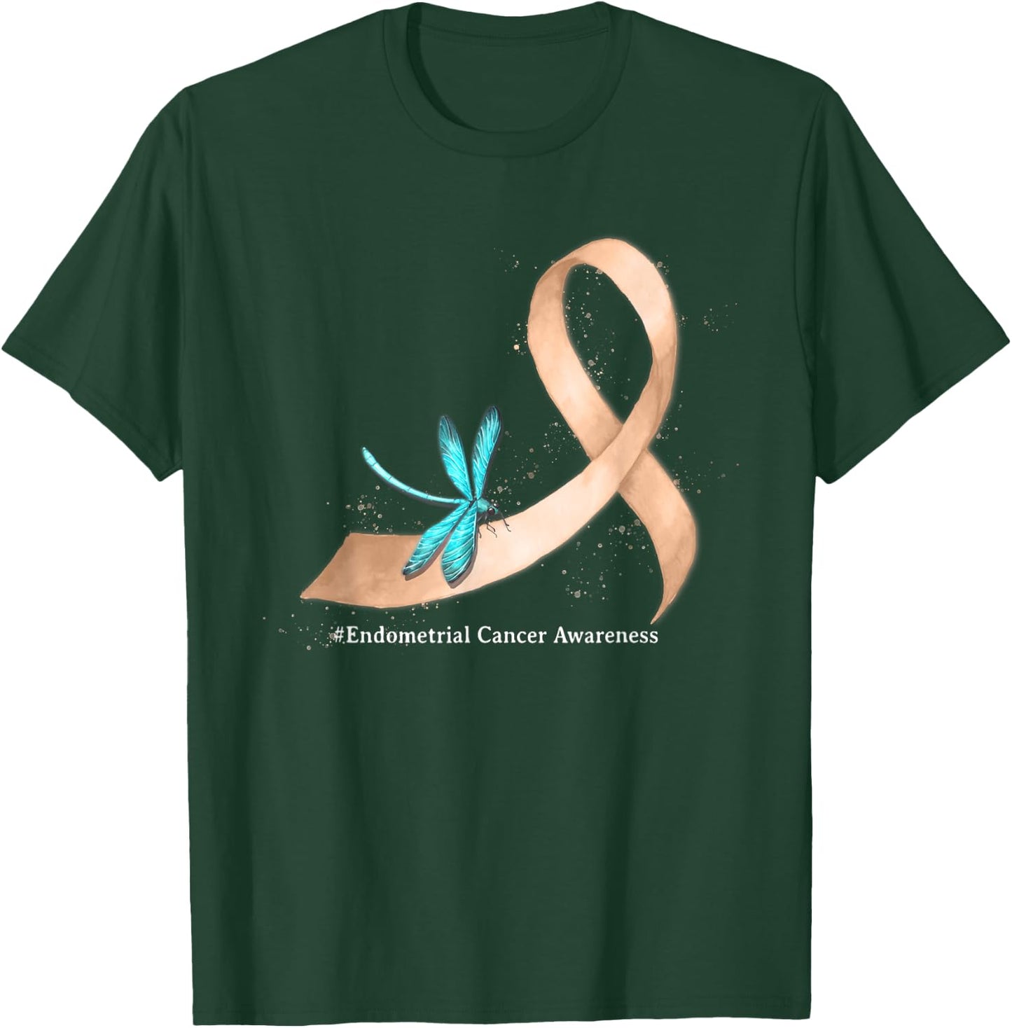 Hippie Dragonfly Peach Ribbon Endometrial Cancer Awareness T-Shirt - T-Shirt | Forest