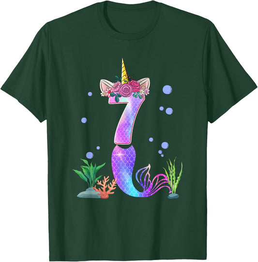 7 Year Old Unicorn Mermaid 7th Birthday Theme Tail Girl T-Shirt - T-Shirt | Forest