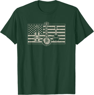 Bluegrass /USA Flag Guitar Banjo Mandolin T-Shirt - T-Shirt | Forest