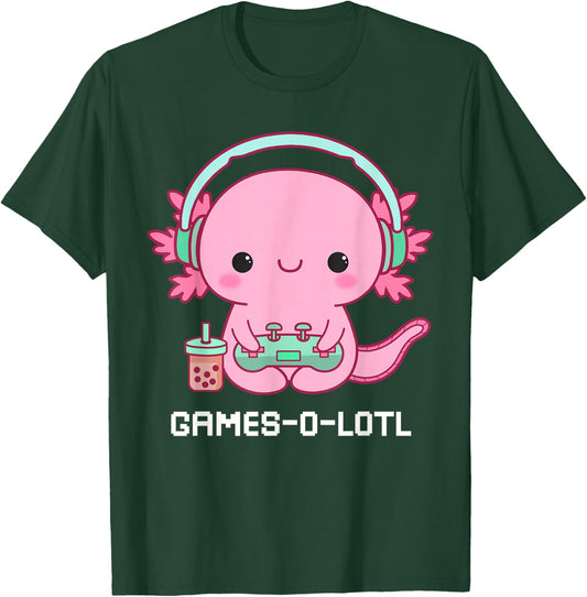 Gamesalotl Axolotl Cute Kawaii Fish Playing Video Games Girl T-Shirt - T-Shirt | Forest