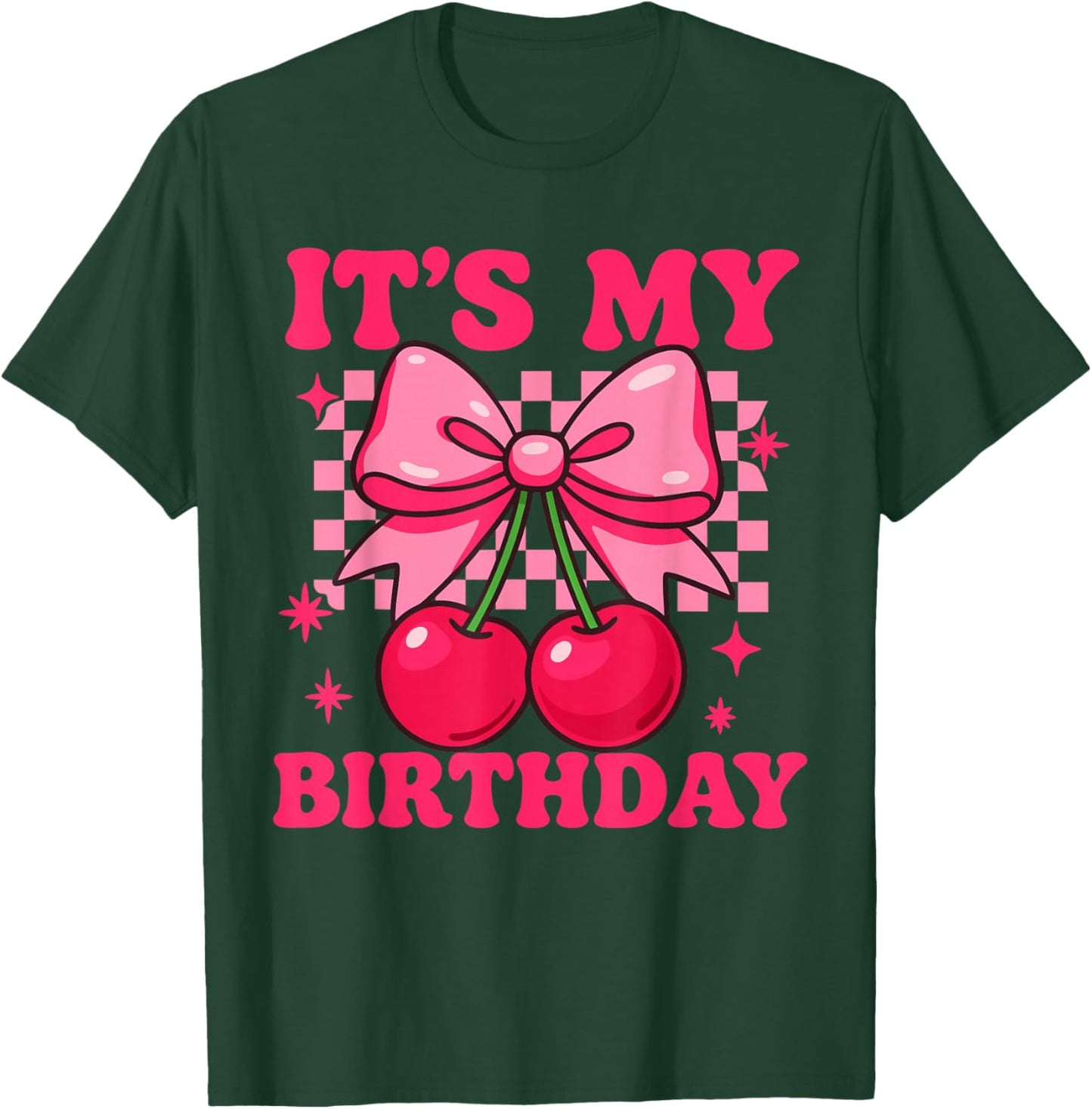 Pink Coquette Bow Cherry Groovy Checkered - It's My Birthday T-Shirt - T-Shirt | Forest