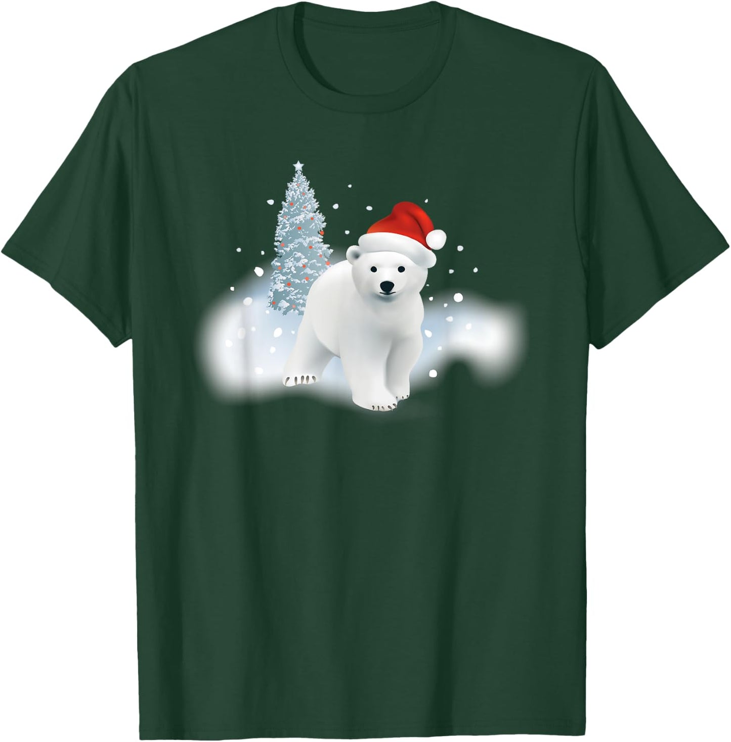 Cute Christmas Polar Bear Red Santa Hat Lighted Tree Snow T-Shirt - T-Shirt | Forest