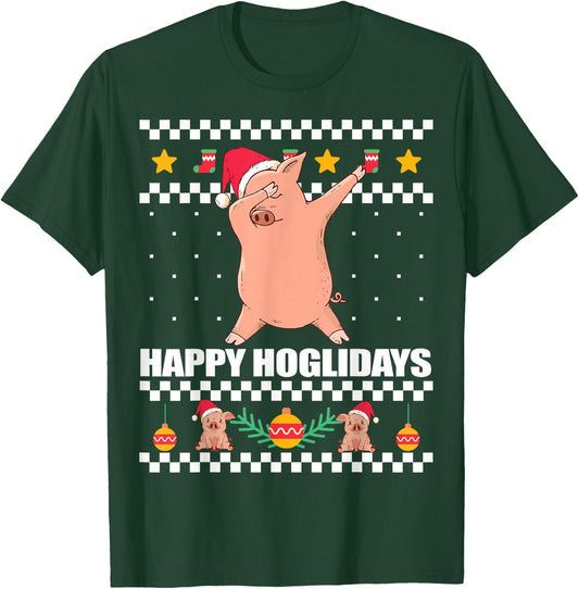 HAPPY HOGLIDAYS Ugly Christmas Sweater Xmas Pig Dabbing Meme T-Shirt - T-Shirt | Forest