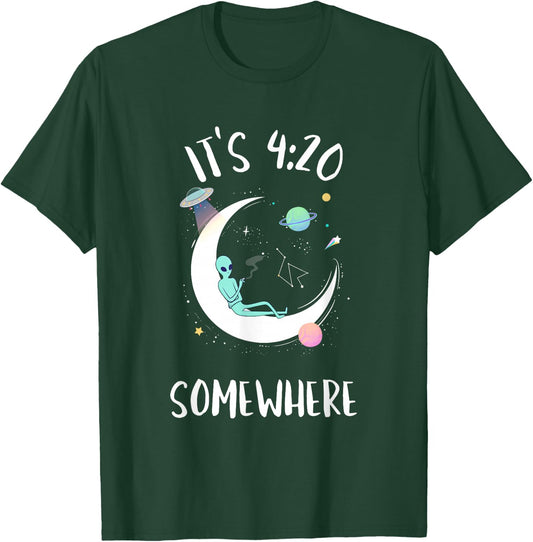 Funny Weed Joint Smoking Moon Alien | It's 4:20 Somewhere T-Shirt - T-Shirt | Forest