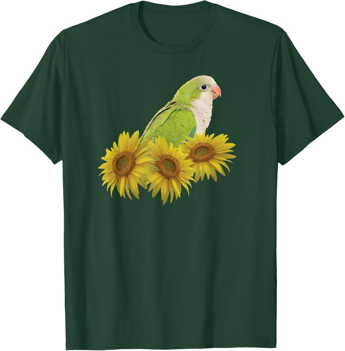 Quaker Parrot Green Monk Parakeet Sunflower T-Shirt - T-Shirt | Forest