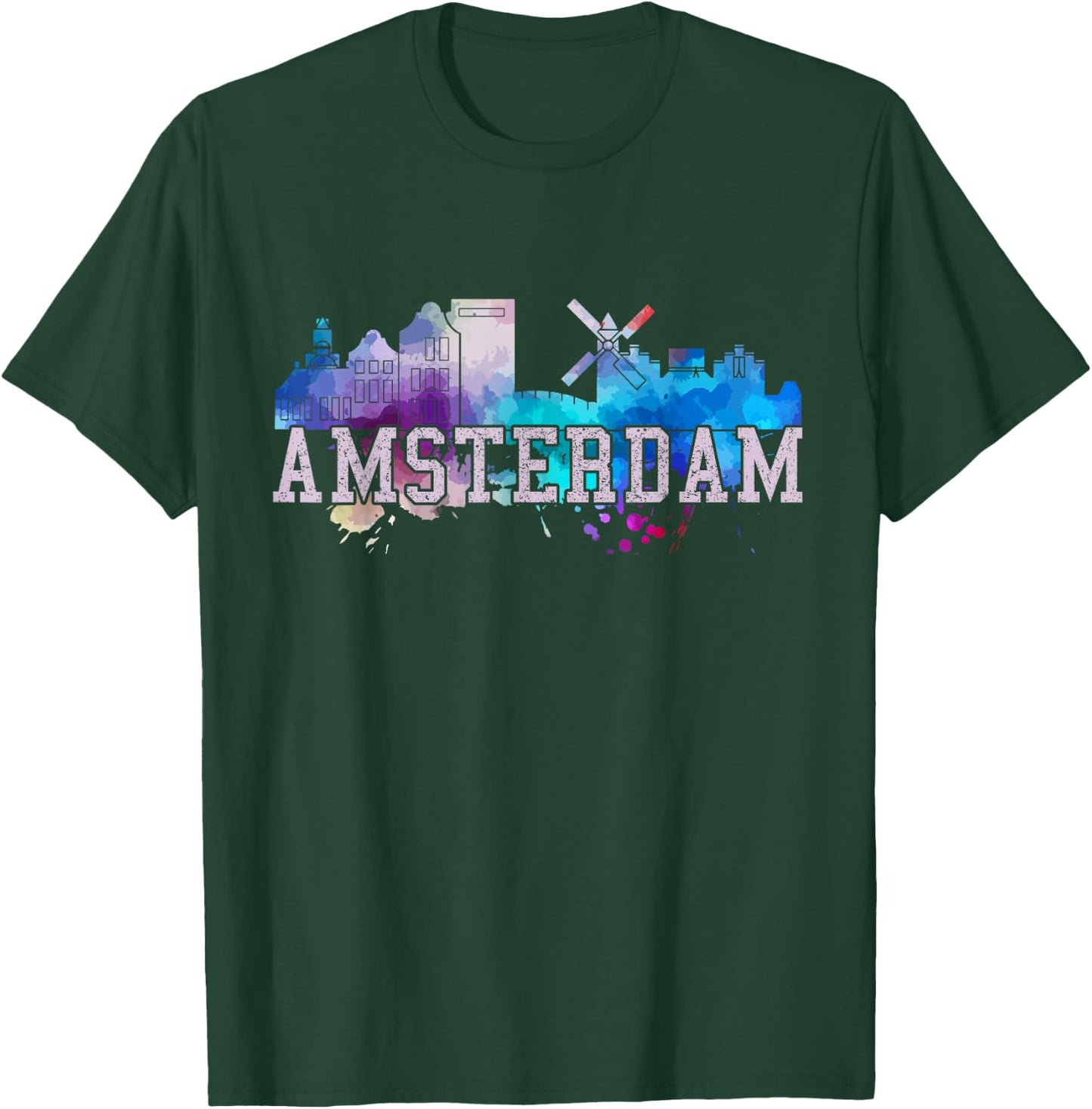 Amsterdam - Watercolor Art Skyline Netherlands Gift T-Shirt - T-Shirt | Forest