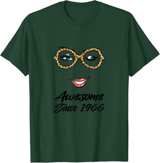 Funny Birthday Awesome Since 1966 Leopard Glasses T-Shirt - T-Shirt | Forest