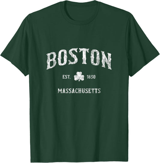Boston Massachusetts Vintage Shamrock Sports T-Shirt - T-Shirt | Forest