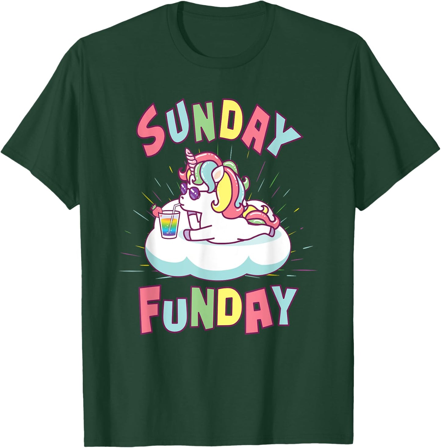 Sunday Funday Shirts Women Cute Unicorn Drinking Rainbow T-Shirt - T-Shirt | Forest