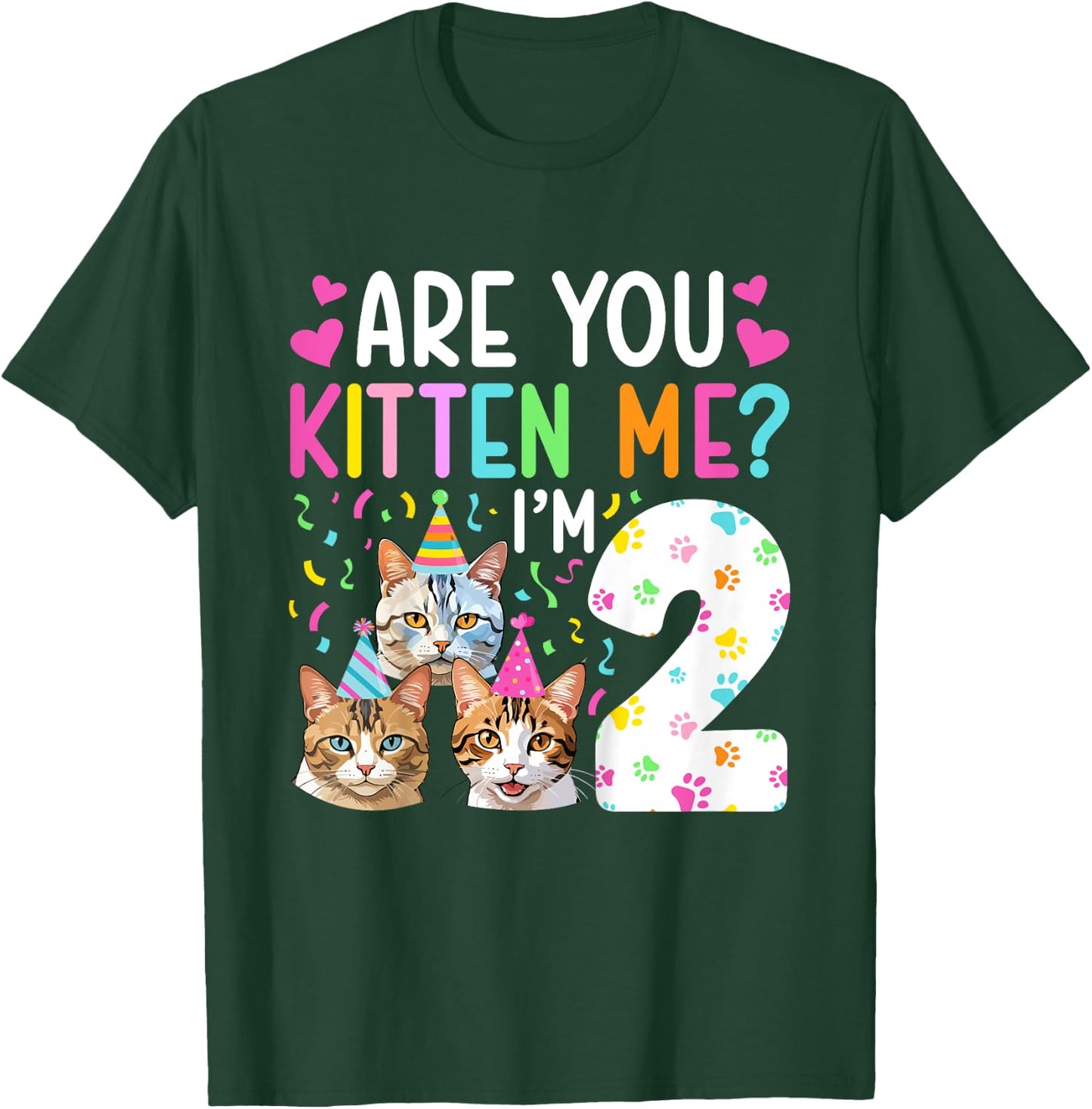 Kids 2nd Cat Birthday Party 2 Year Old Girl Kitten Birthday T-Shirt - T-Shirt | Forest