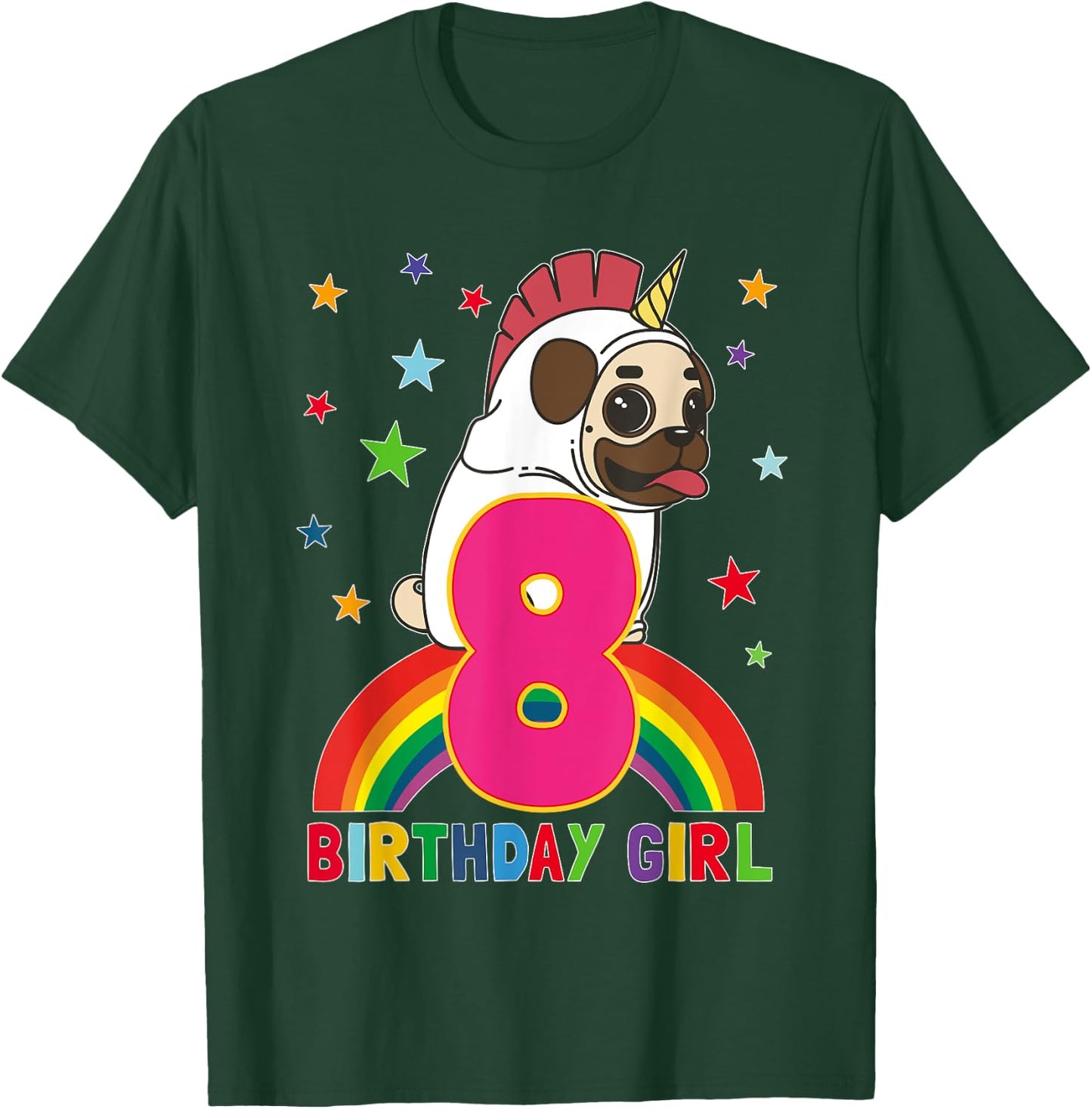 Pug 8th Birthday 8 Year Old Girl Unicorn Pugicorn Party Gift T-Shirt - T-Shirt | Forest