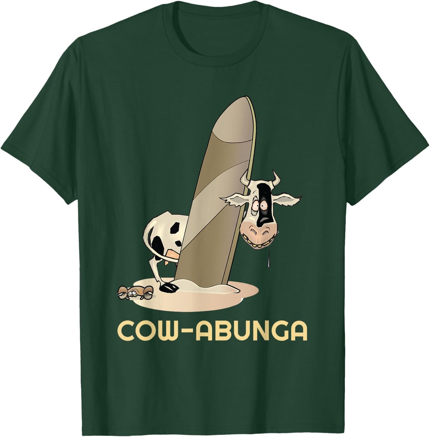Funny Cow Shirt Cow-abunga surfing cow on beach surfboard Men Women Kids T-Shirt - T-Shirt | Forest