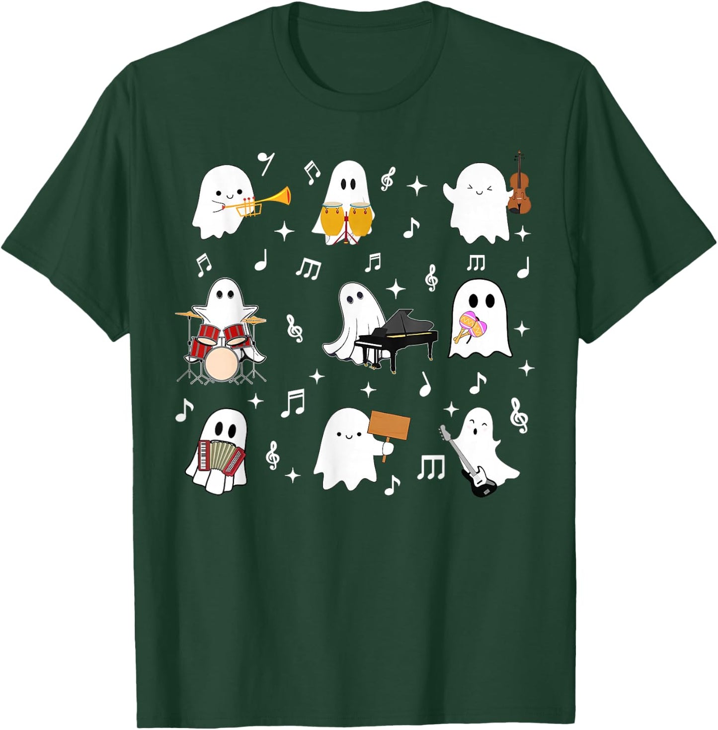 Halloween Music Teacher Ghost Playing Musical Instruments T-Shirt - T-Shirt | Forest