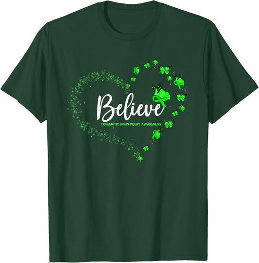 Traumatic Brain Injury Awareness Butterfly Believe T-Shirt - T-Shirt | Forest