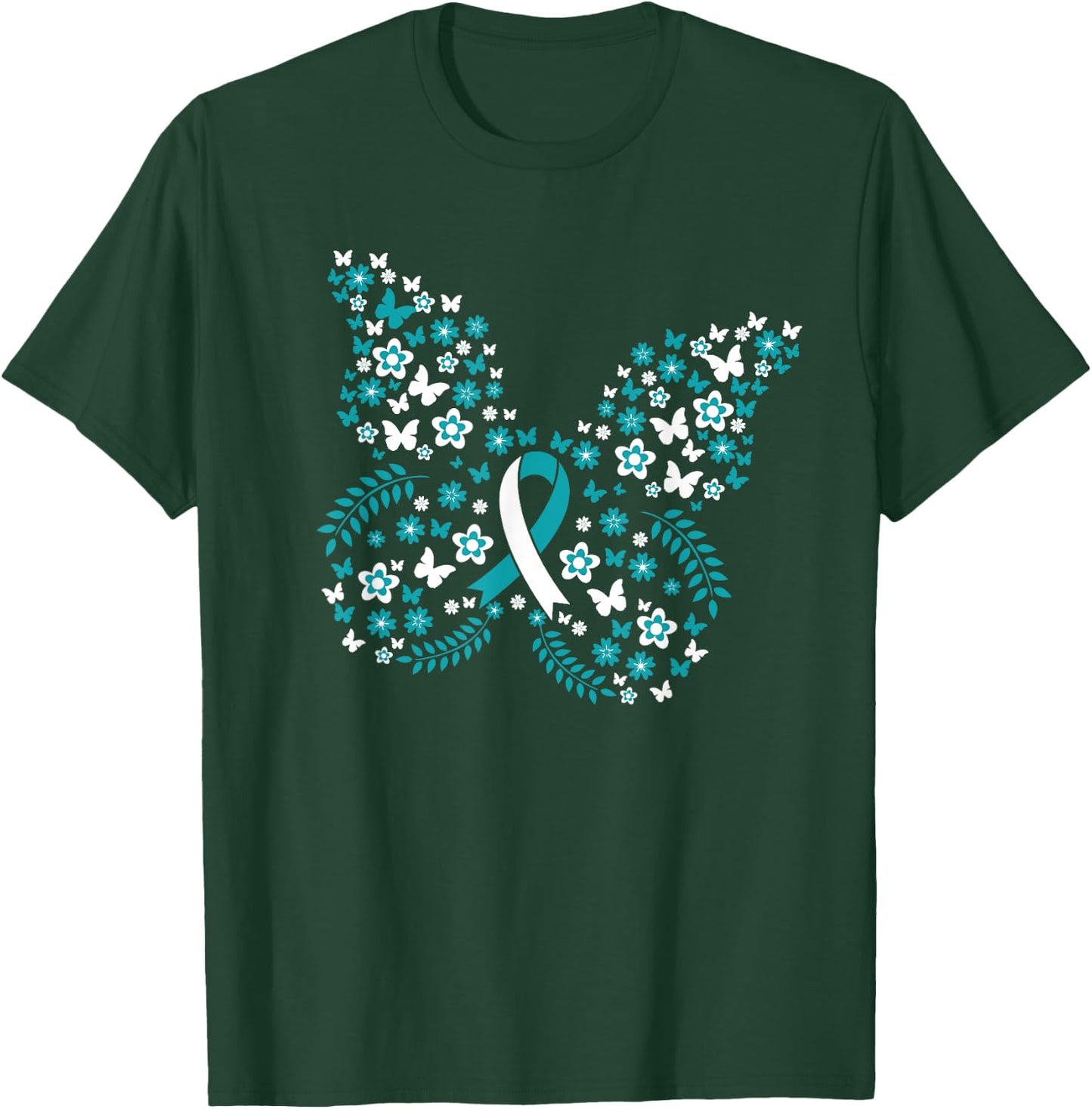 Flower Butterfly Cervical Cancer Awareness Ribbon Gifts T-Shirt - T-Shirt | Forest