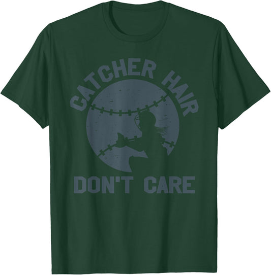 Catcher Hair Don't Care Sports Softball Soft Ball Player T-Shirt - T-Shirt | Forest
