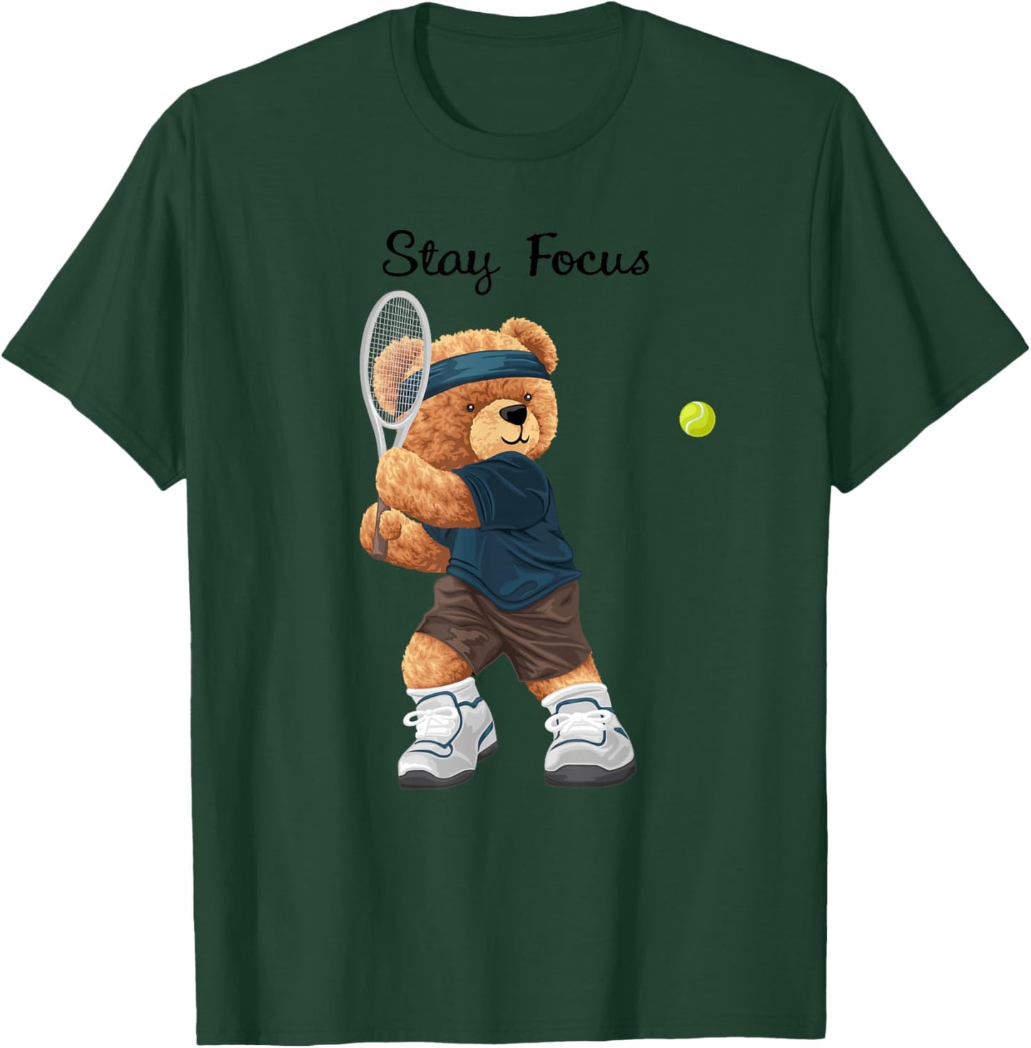 Cool Teddy Bear Playing Tennis Illustration Graphic Designs T-Shirt - T-Shirt | Forest