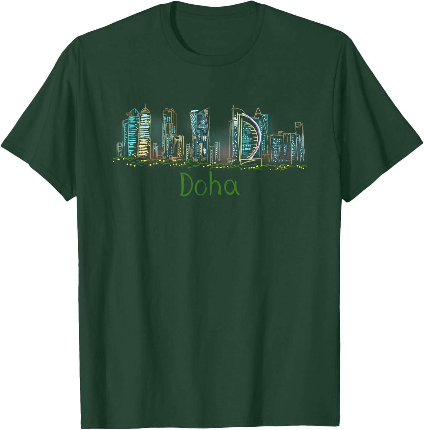 Doha Night Qatar Travel Souvenir Panarama City Landmark Gift T-Shirt - T-Shirt | Forest