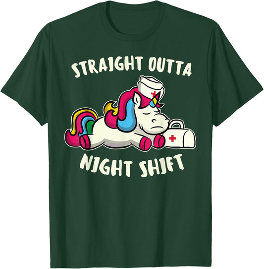 Funny Straight Outta Night Shift For Nurse Unicorns T-Shirt - T-Shirt | Forest