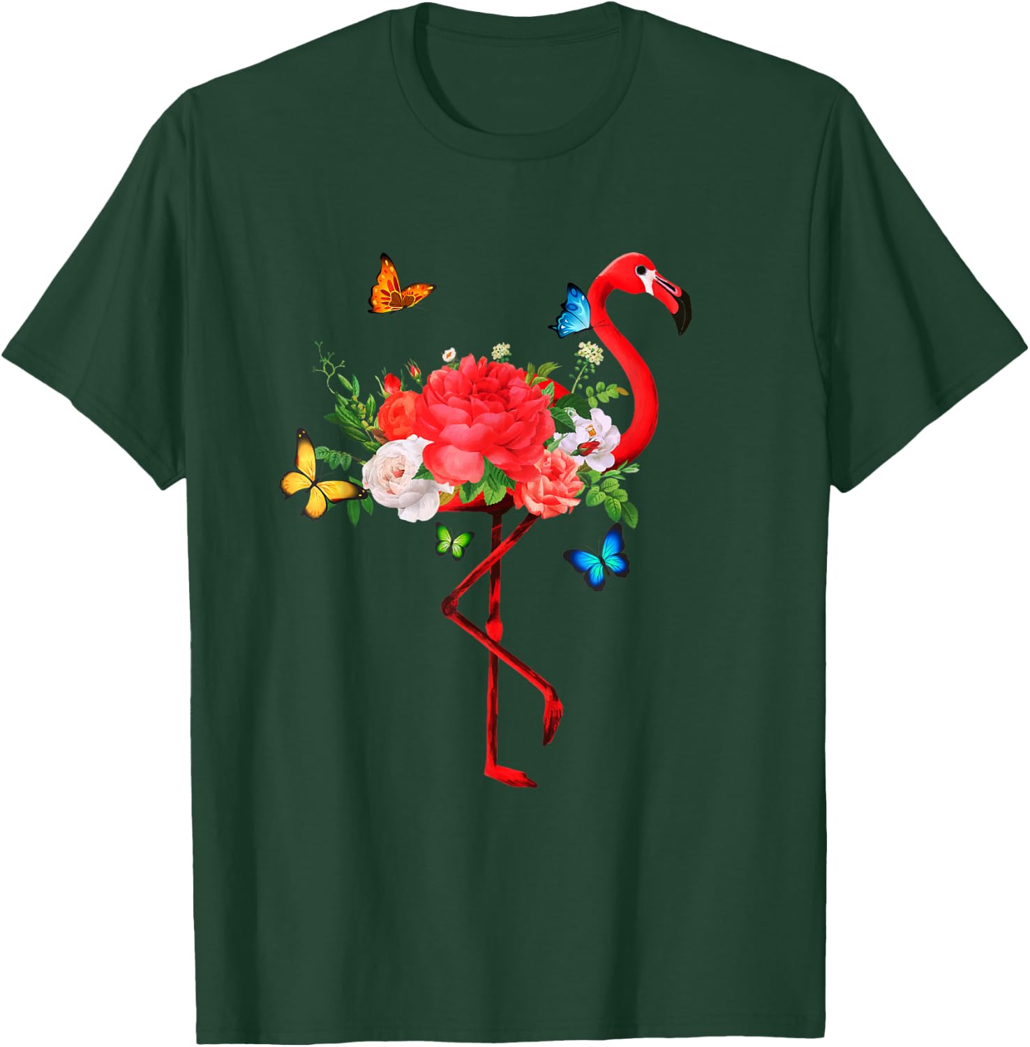 Flamingo Flowers Butterflies Summer Flamingos T-Shirt - T-Shirt | Forest