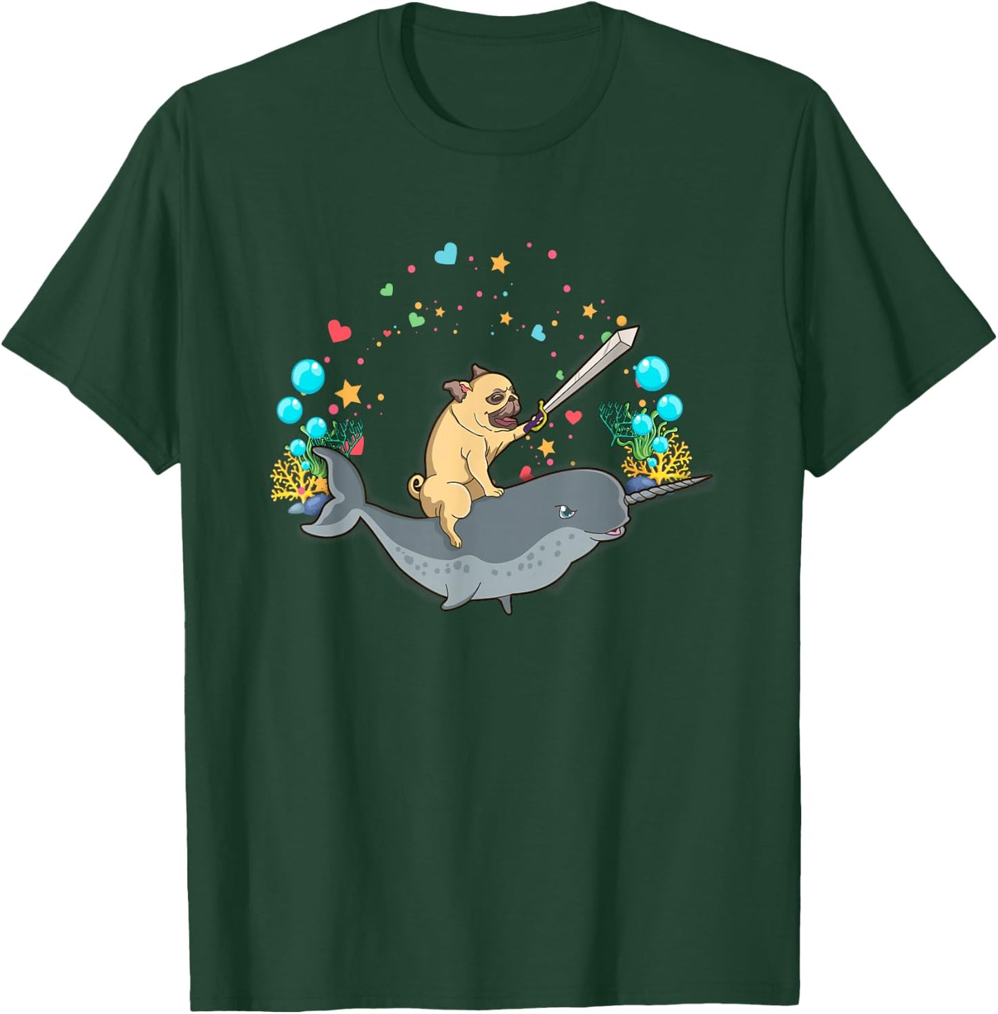 Warrior pug rides a narwhal - Cute and funny T-Shirt - T-Shirt | Forest