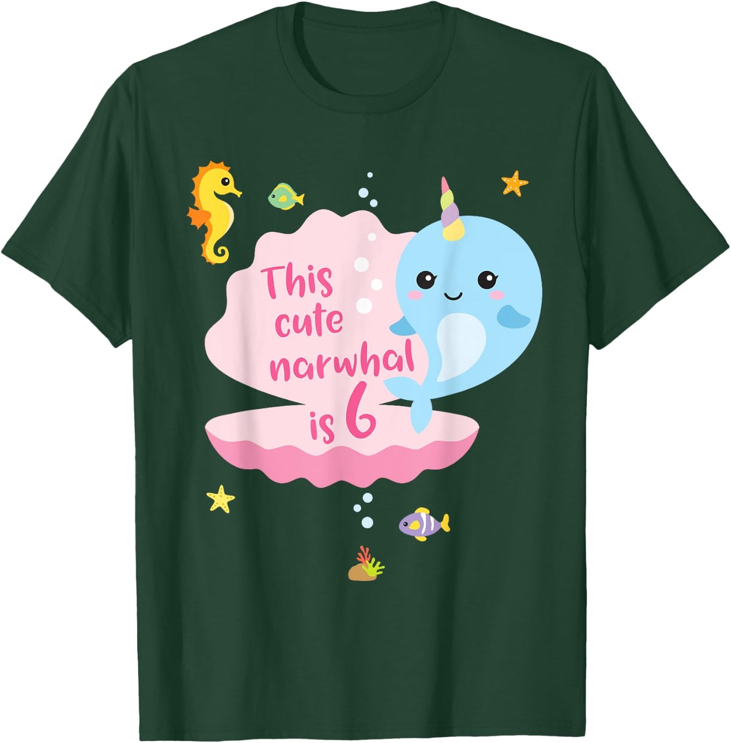 6th Birthday 6 Year Old Girl Boy Gift Narwhal Sea Unicorn T-Shirt - T-Shirt | Forest