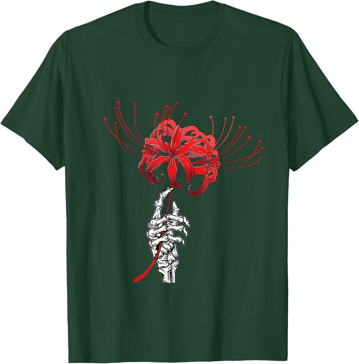 Skeleton Hand Holding Red Spider Lily Aesthetic Red Flower T-Shirt - T-Shirt | Forest