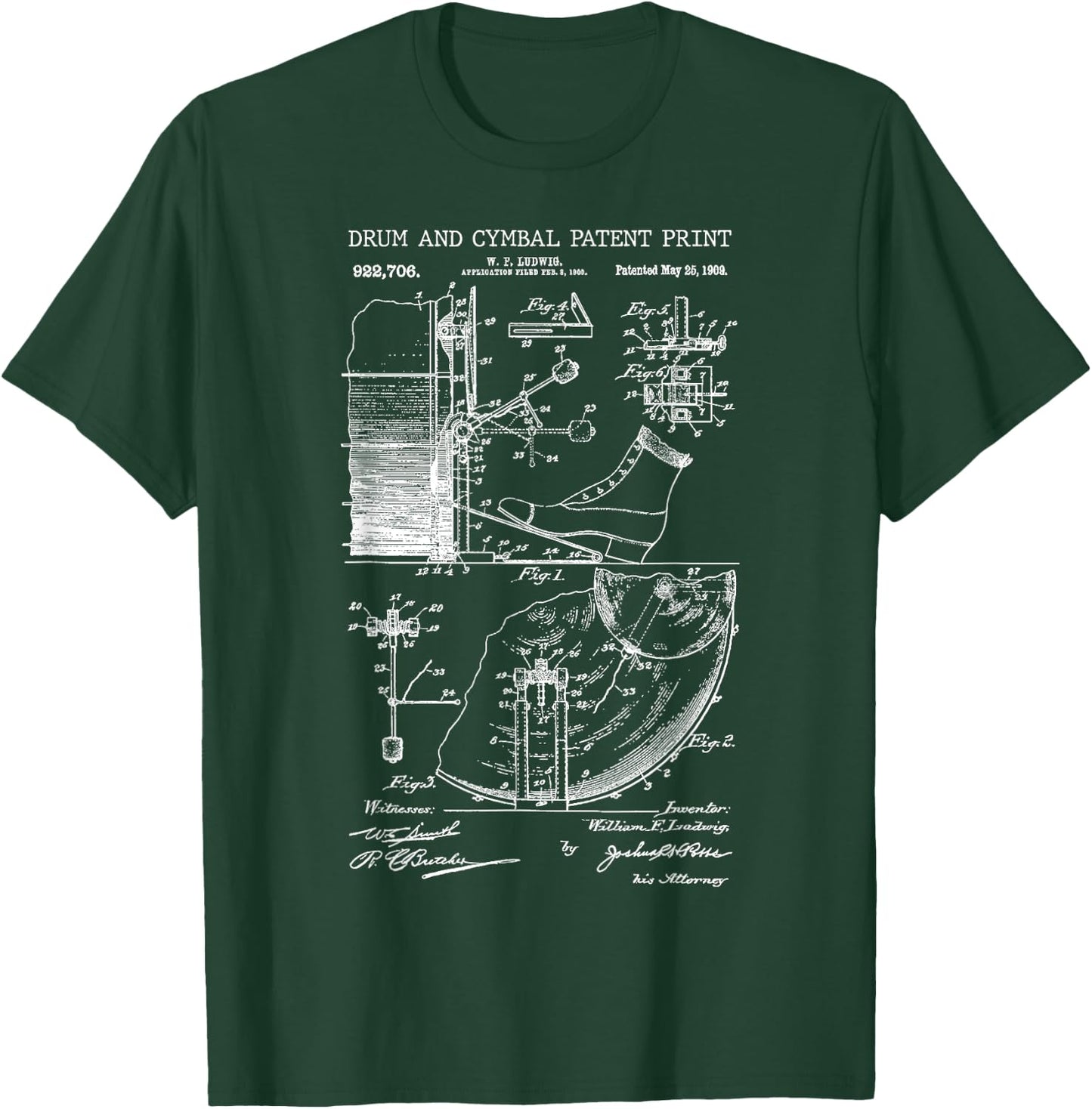 Drum And Cymbal Patent Print 1909 - Vintage Patent Music Art T-Shirt - T-Shirt | Forest