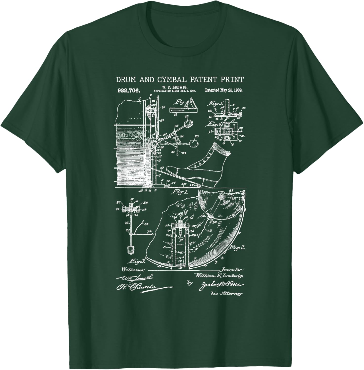 Drum And Cymbal Patent Print 1909 - Vintage Patent Music Art T-Shirt - T-Shirt | Forest