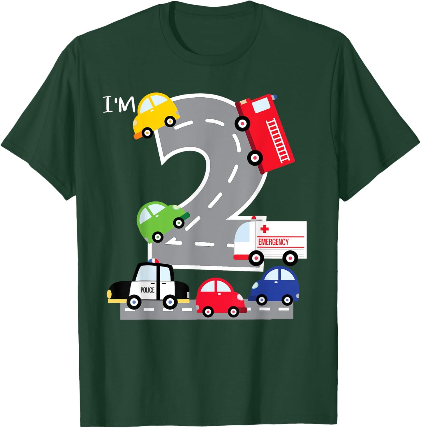 2nd Birthday 2 Year Old Transportation Cars Fire Truck T-Shirt - T-Shirt | Forest