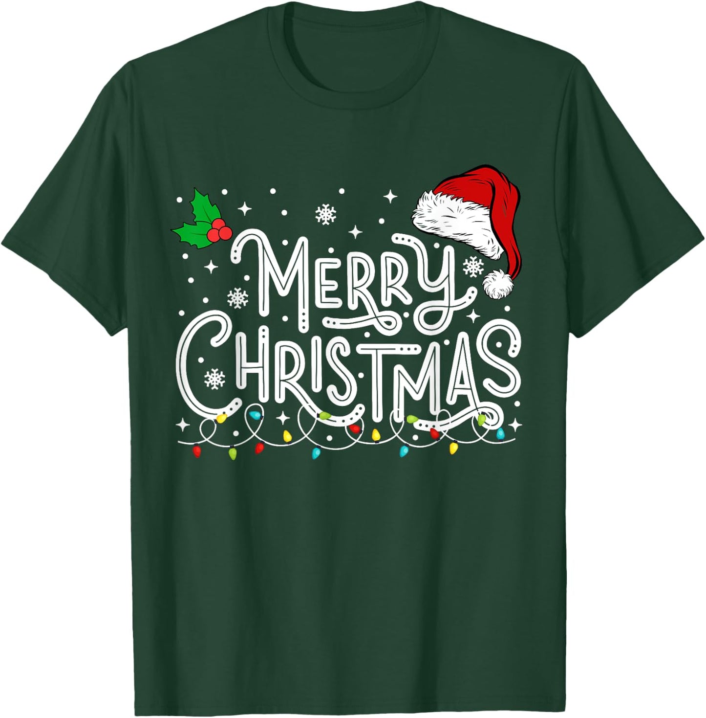 Merry Christmas Lights Red Santa Hat Xmas Family Men Women T-Shirt - T-Shirt | Forest