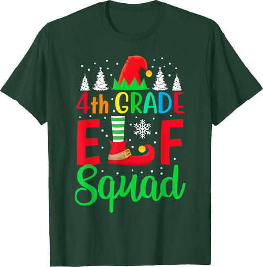 Christmas 4th Grade Pajama Kids Teacher 4th Grade ELF Squad T-Shirt - T-Shirt | Forest