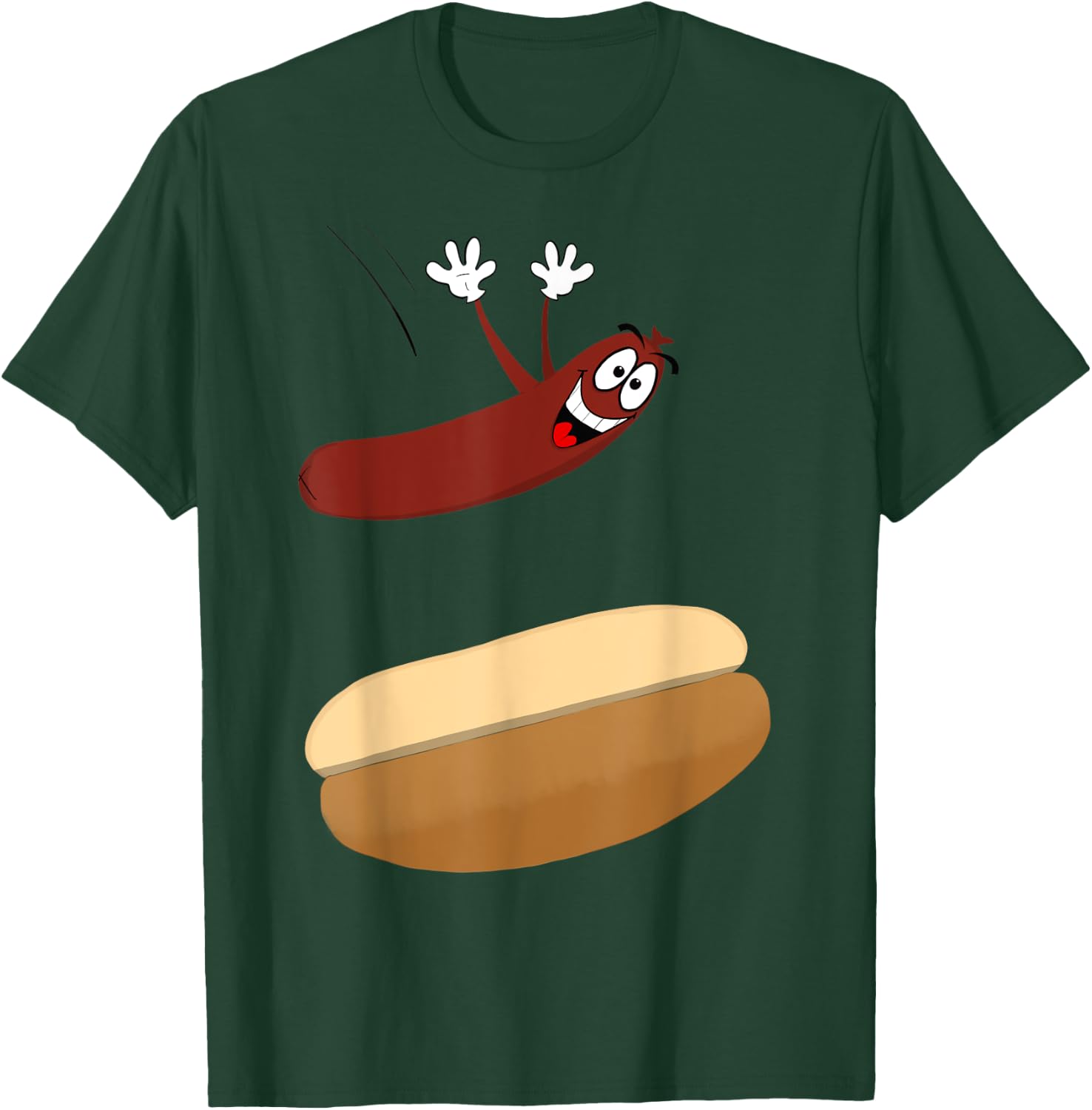 Happy Cartoon Hot Dog Jumping into a Bun T-Shirt - T-Shirt | Forest