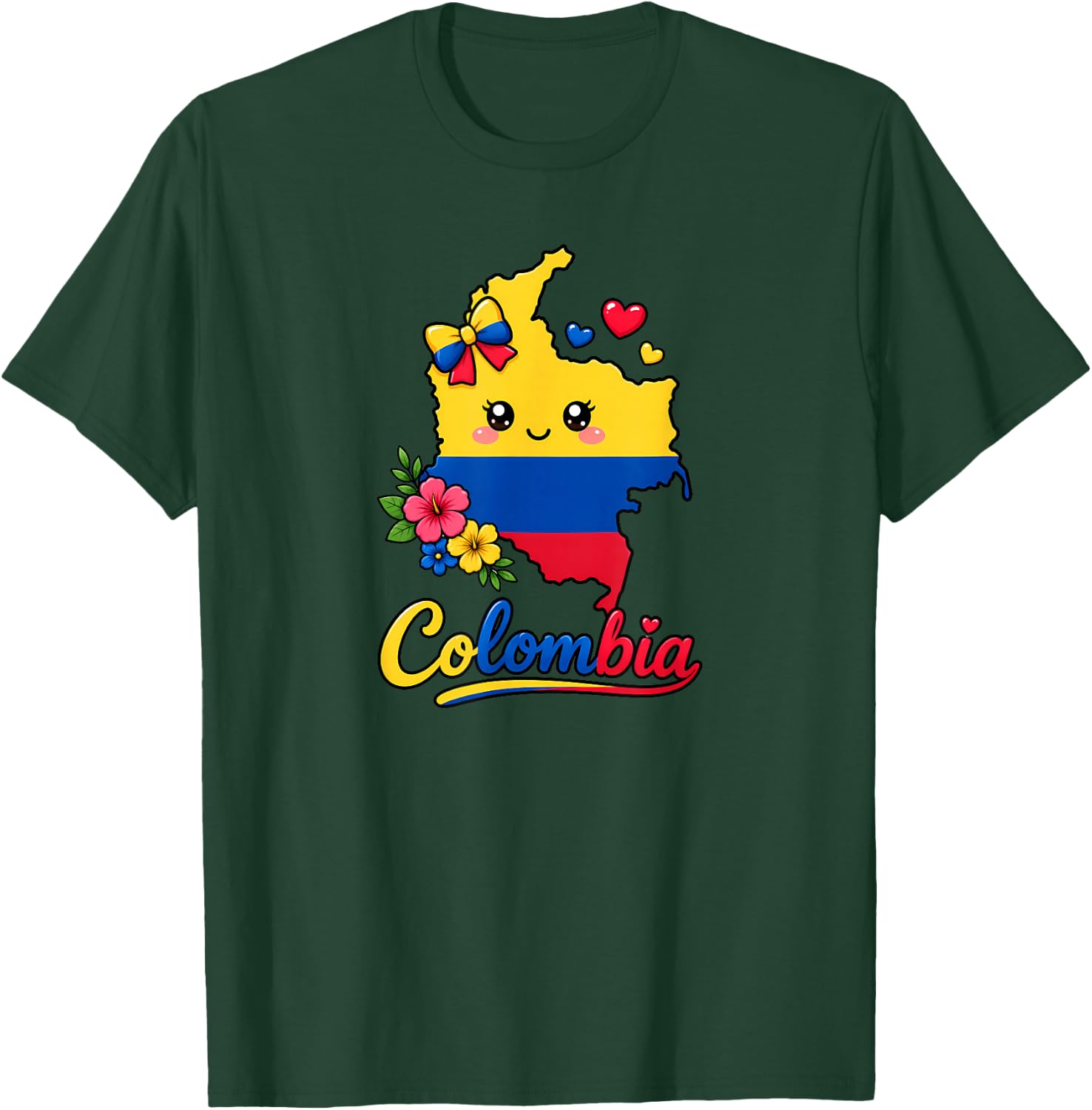 Colombia Flag Day Kawaii Map Hearts Bow T-Shirt - T-Shirt | Forest