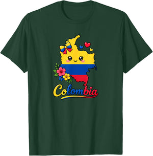 Colombia Flag Day Kawaii Map Hearts Bow T-Shirt - T-Shirt | Forest