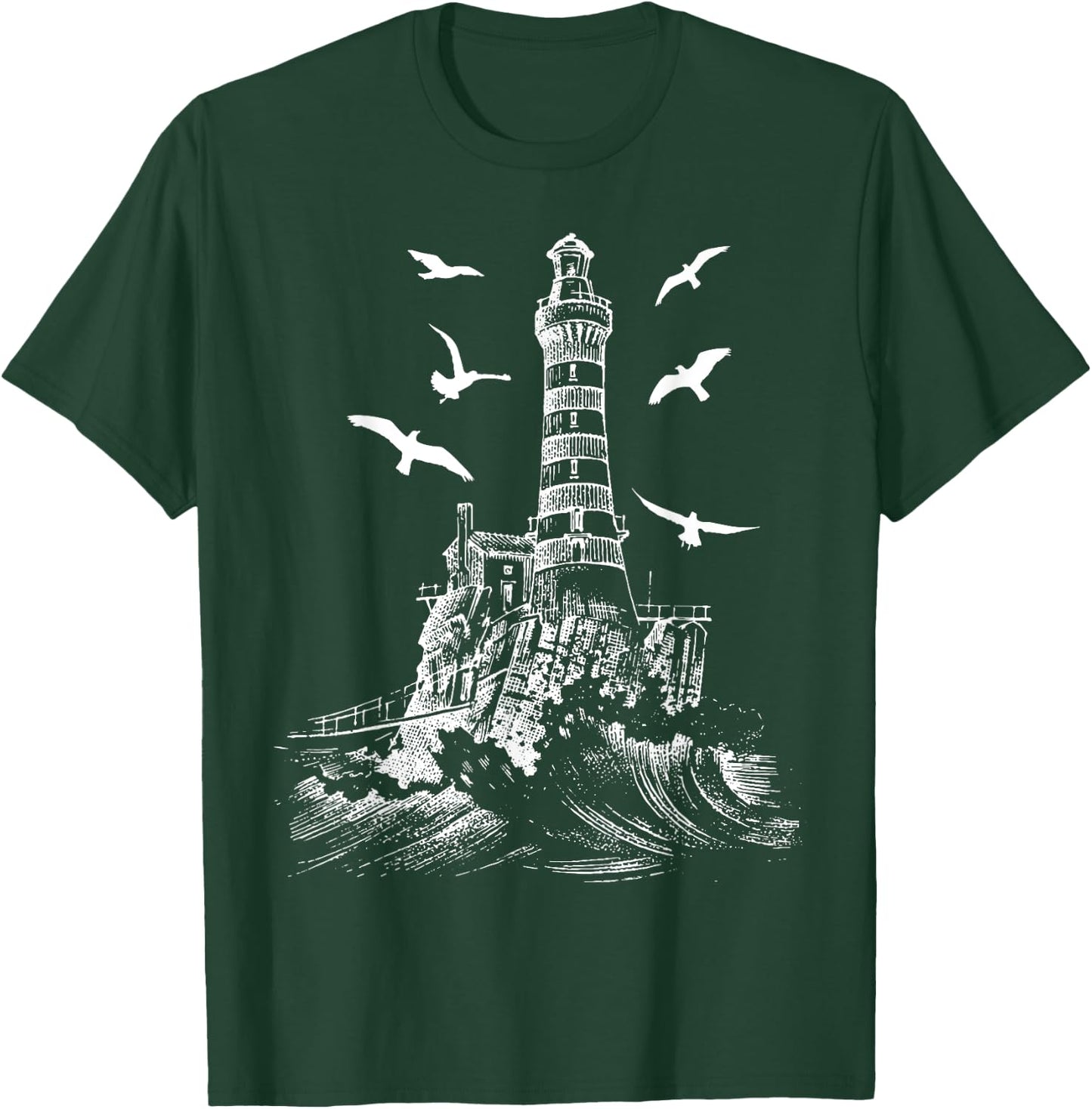 Seagull Silhouette Illustrated Lighthouse Image Gift T-Shirt - T-Shirt | Forest