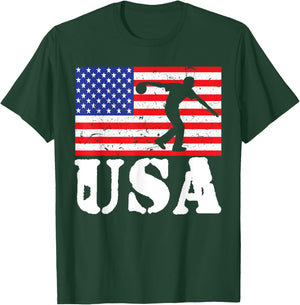 Distressed Bowling USA American Flag Vintage Bowler Player Women Girls Kids Men T-Shirt - T-Shirt | Forest