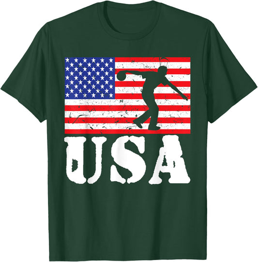 Distressed Bowling USA American Flag Vintage Bowler Player Women Girls Kids Men T-Shirt - T-Shirt | Forest