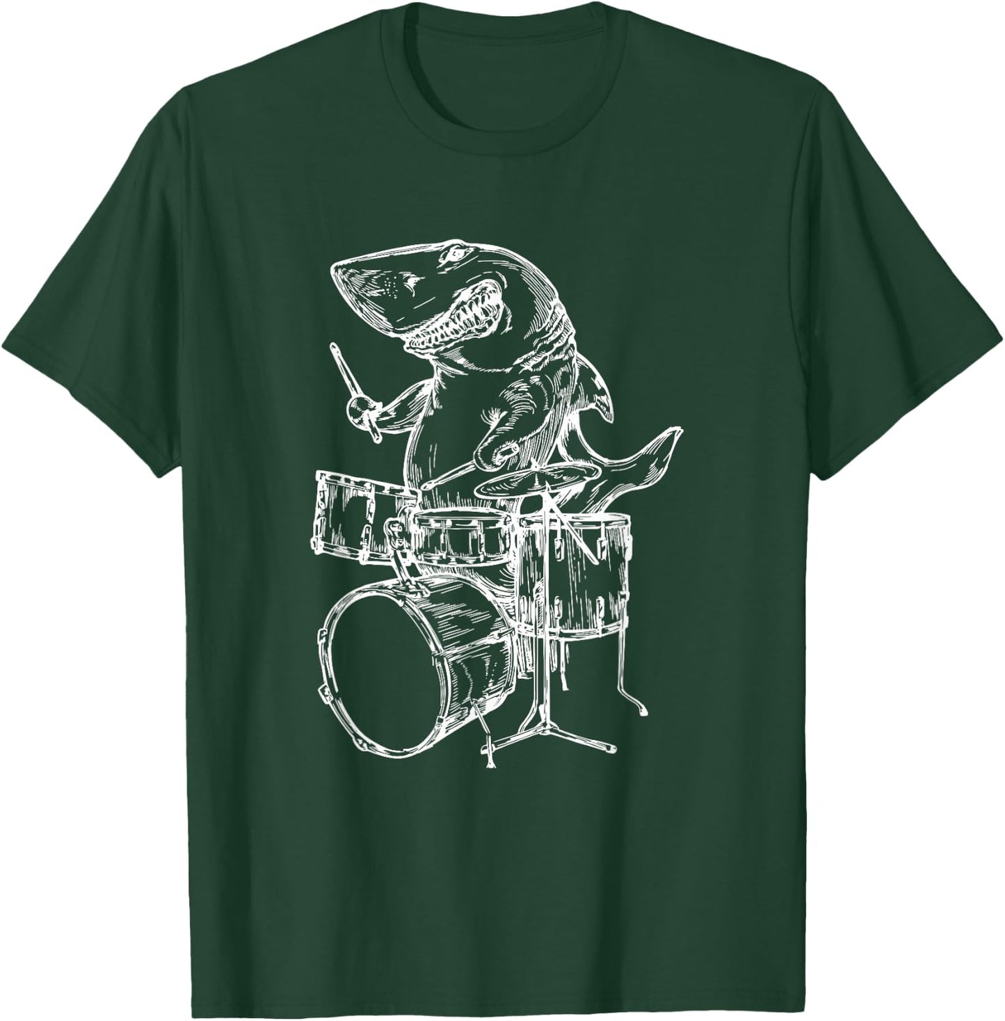 Shark Playing Drums Fish Drummer Funny Beach Rock Musician Men Women Girls Kids T-Shirt - T-Shirt | Forest