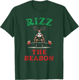 Merry Liftmas Apparel Co. Rizz the Season Funny Workout Reindeer Gym Saying Christmas T-Shirt - T-Shirt | Forest