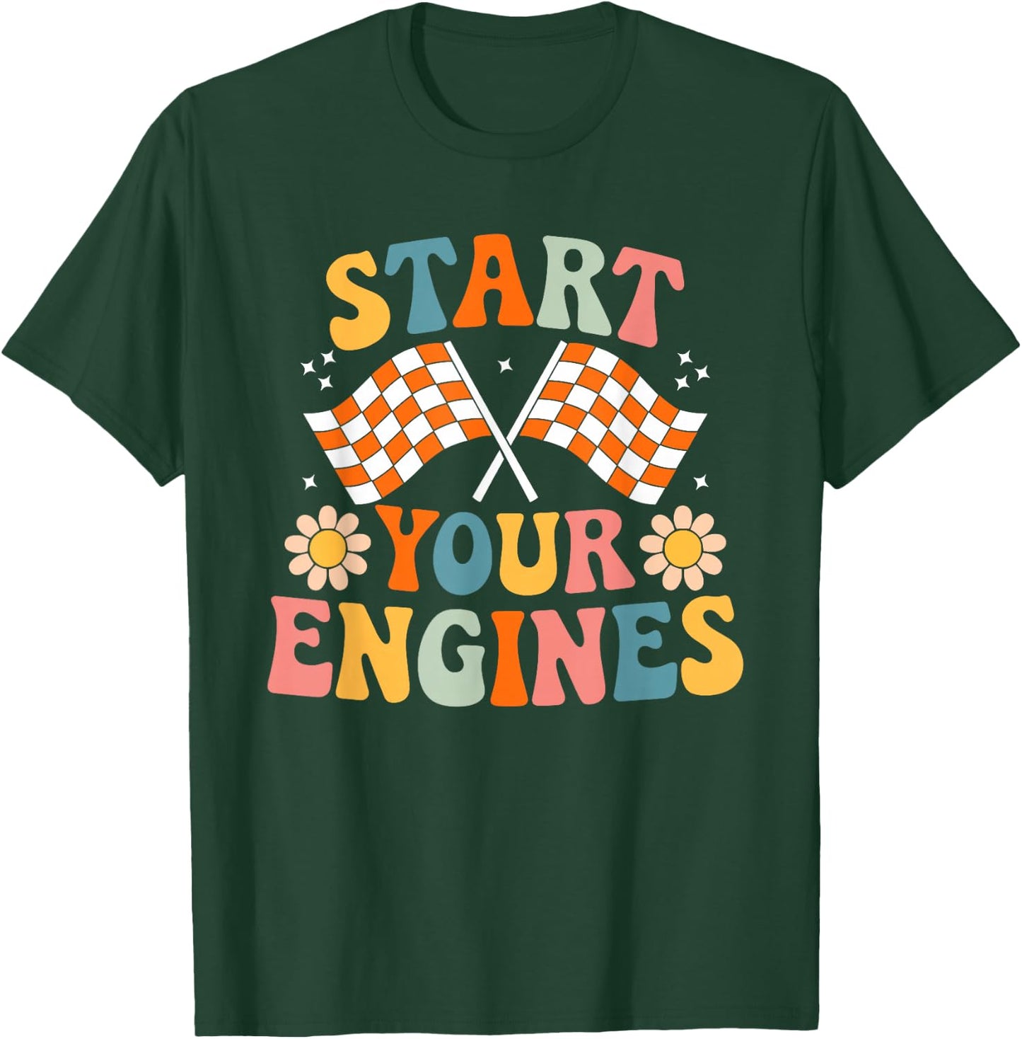Groovy Start Your Engines Retro Checkered Flag Race Car T-Shirt - T-Shirt | Forest